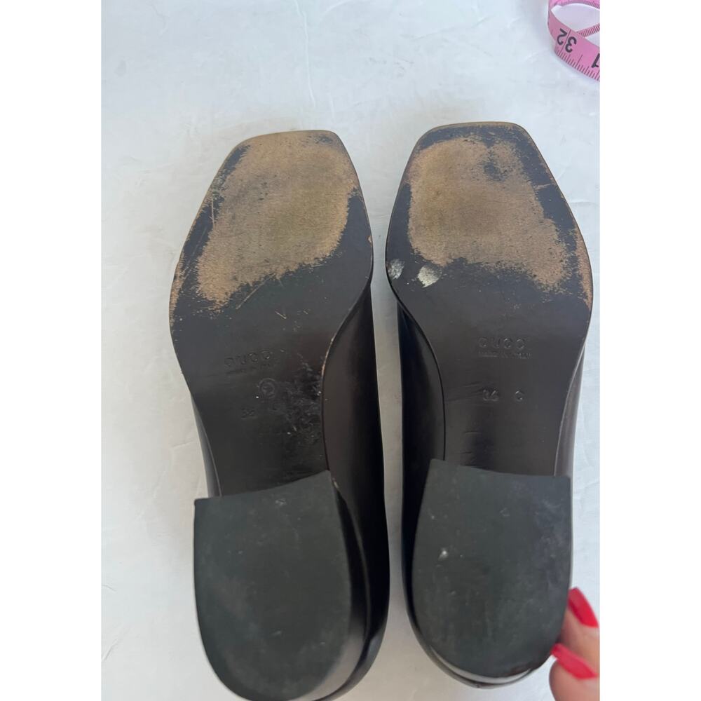 Vintage Gucci Brown Leather Square Toe Gold Plate  Block Low‎ Heel Pumps 6C Wide - Picture 10 of 12